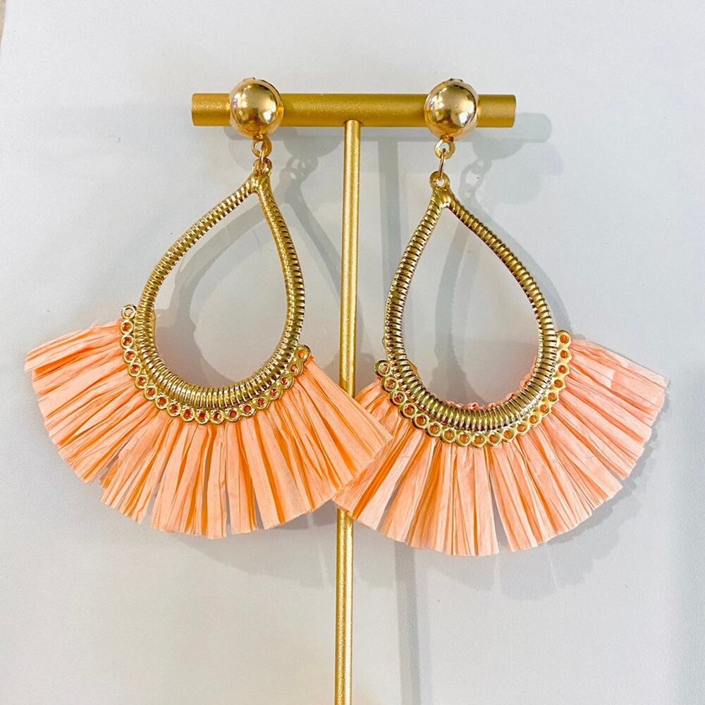 Coral Raffia Teardrop Drop Earrings